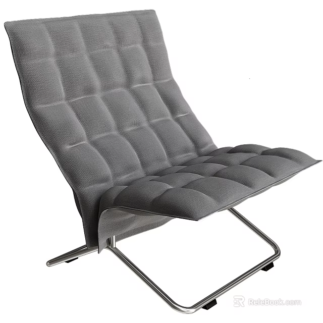 Comfortable Gray Fabric Lounge Chair With Grid Pattern Cushion And Metal Frame For Living Room 3d model 