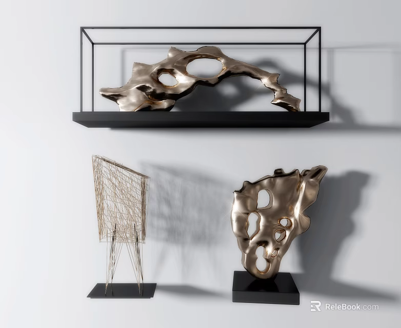 Abstract Metallic Sculpture Carving Display With Hollow Designs On Black Shelves 3d model 