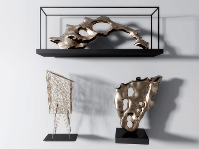 Abstract Metallic Sculpture Carving Display With Hollow Designs On Black Shelves 3d model
