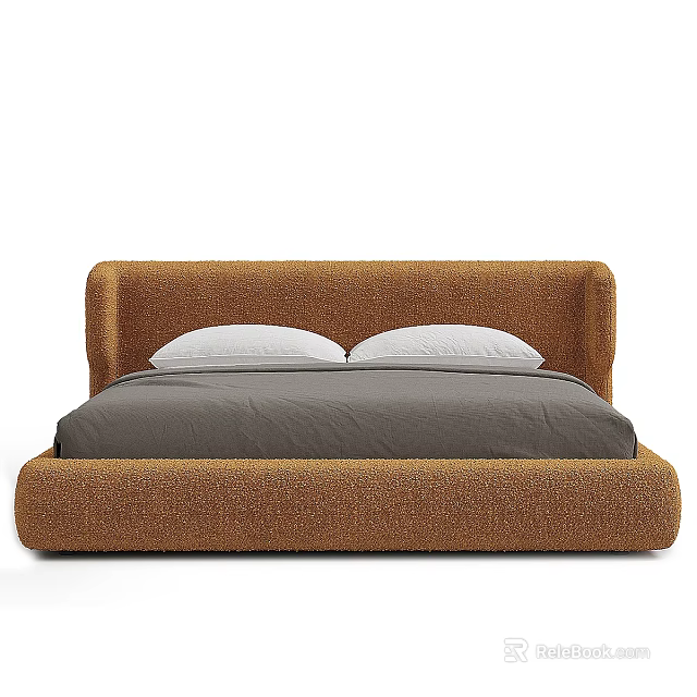 Modern Double Bed With Brown Upholstered Frame Gray Bedding And White Pillows 3d model
