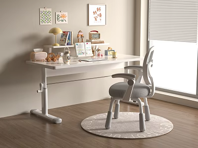 White Adjustable Desk With Gray Chair Table Lamp Books Decorations And Wall Art 3d model