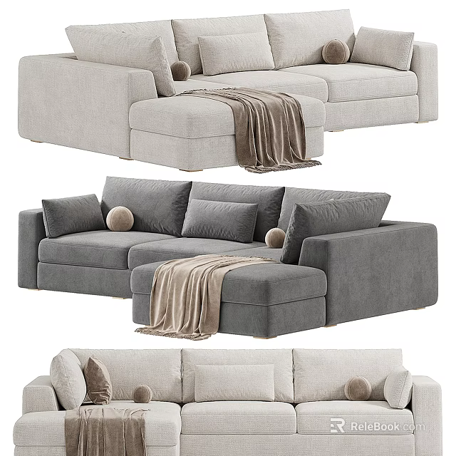 Sectional Multi Person Sofa With Light Dark Gray Upholstery Throw Blanket And Cushions 3d model 