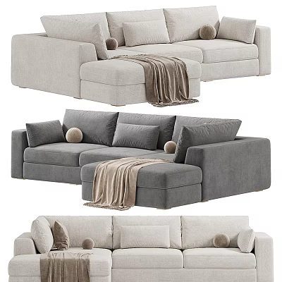 Sectional Multi Person Sofa With Light Dark Gray Upholstery Throw Blanket And Cushions 3d model