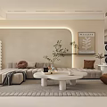 Modern Living Dining Room Interior With Large Screen Coffee Table Display Cabinet And Striped Rug