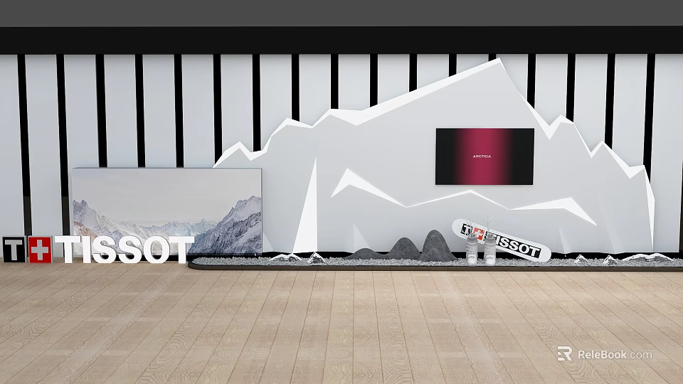 Modern Photo Check-in Spot With Mountain Shaped Wall Design TV Screen And Wooden Floor 3d model 