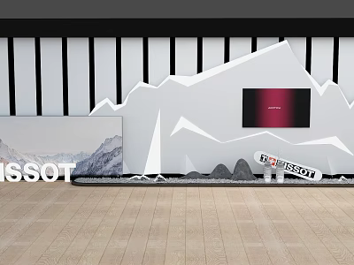 Modern Photo Check-in Spot With Mountain Shaped Wall Design TV Screen And Wooden Floor 3d model