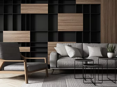 Modern Gray Sofa Accent Chair and Black Coffee Table Set with Wooden Block Wall Interior 3d model
