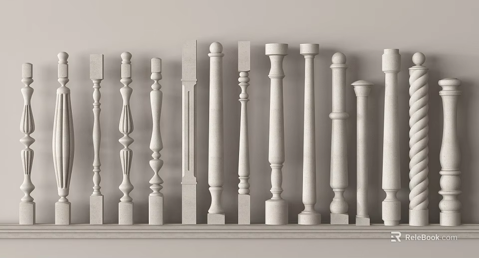 White Decorative Columns With Various Designs Arranged On Light Background Shelf 3d model 