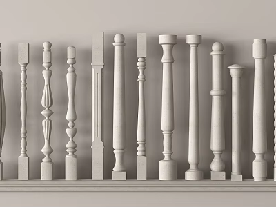 White Decorative Columns With Various Designs Arranged On Light Background Shelf 3d model