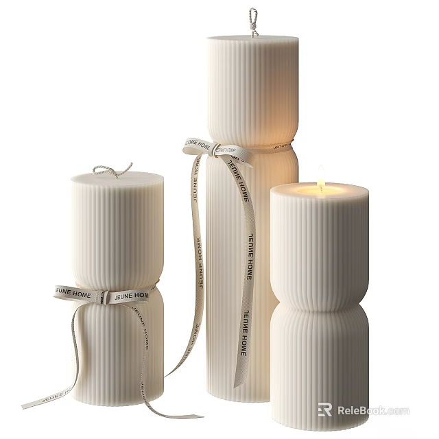 Tall And Short Decorative White Ribbed Candles With Lit Flame And Text Ribbons 3d model 