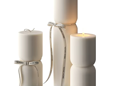 Tall And Short Decorative White Ribbed Candles With Lit Flame And Text Ribbons 3d model