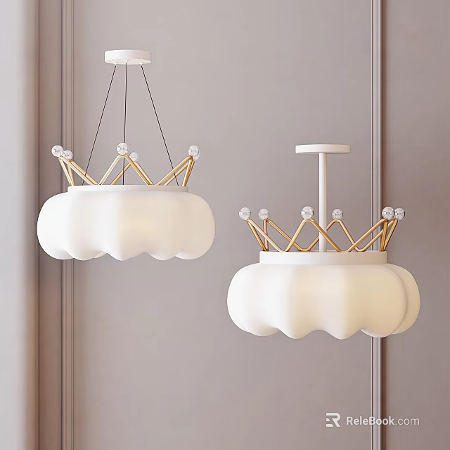Modern Crown Shaped Pendant Light with White Lampshade and Gold Accents Decorative Design 3d model 
