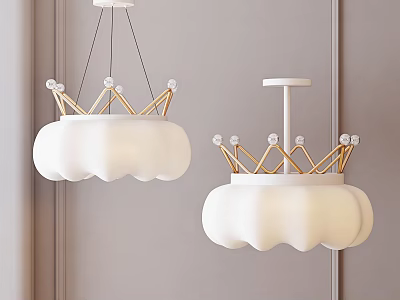 Modern Crown Shaped Pendant Light with White Lampshade and Gold Accents Decorative Design 3d model