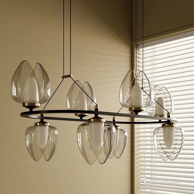 Elegant Modern Chandelier Featuring Transparent Glass Bud Shades Black Metal Frame Gold Details 3d model 