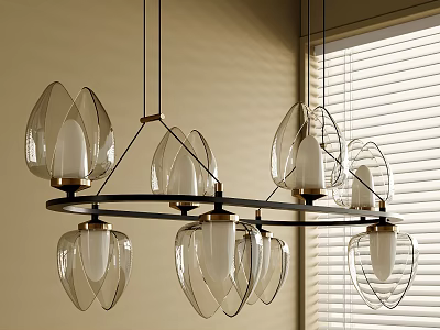 Elegant Modern Chandelier Featuring Transparent Glass Bud Shades Black Metal Frame Gold Details 3d model