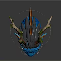 Blue Scaled Dragon Head With Green Branched Horns And Orange Accented Neck