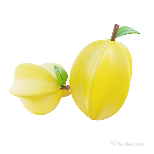 Fresh Yellow Mangoes Whole And Sliced With Green Leaves And Brown Stems 3d model 