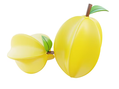 Fresh Yellow Mangoes Whole And Sliced With Green Leaves And Brown Stems 3d model