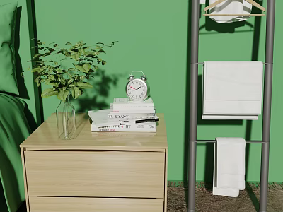 Home Bedroom Nightstand With Green Plant Alarm Clock Books And Towel Rack 3d model