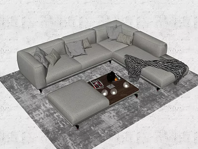 Modern Light Gray L Shaped Sofa Coffee Table Set With Pillows Throw Blanket And Ottoman 3d model