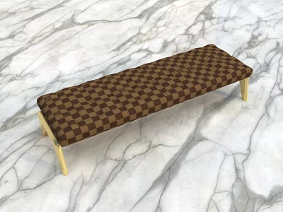 Bench With Brown Checkered Seat And Light Wooden Legs On Marble Floor 3d model
