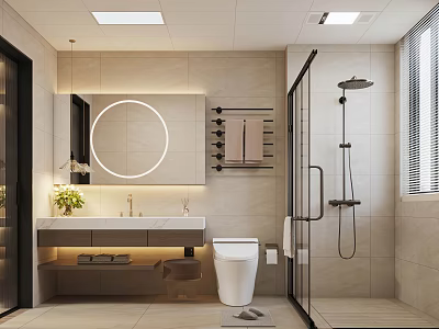 Modern Bathroom Interior Design With Round Mirror Vanity Tiled Walls And Glass Shower Enclosure 3d model