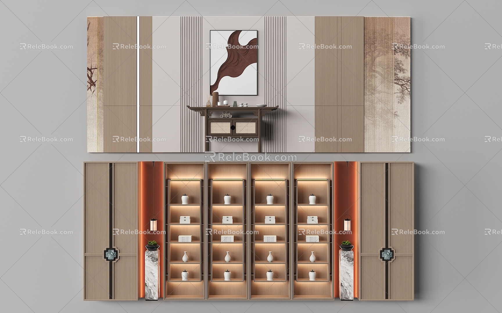 New Chinese Restaurant Background Wall Wood Decorative Background Wall Box Background Wall 3d model