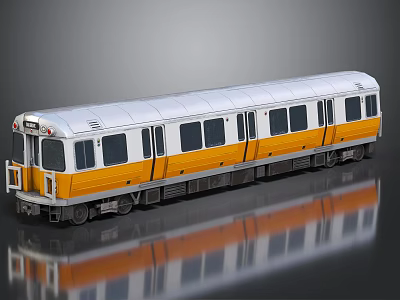 White and Yellow Commuter Train with Multiple Cars Windows and Doors on Reflective Platform Surface 3d model