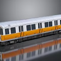 White and Yellow Commuter Train with Multiple Cars Windows and Doors on Reflective Platform Surface