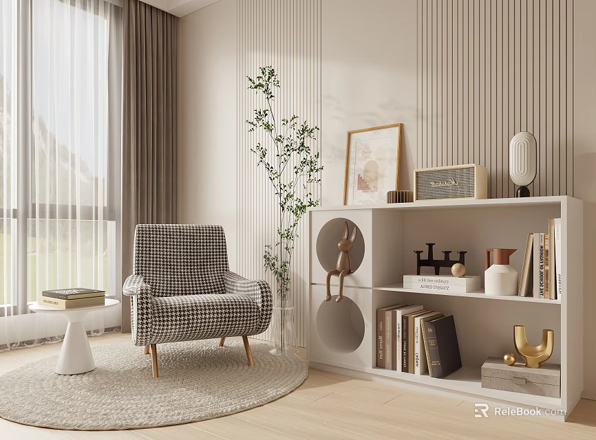 Modern Lounge Chair in Living Room with Window Curtains Green Plant Bookshelf and Round Rug 3d model 