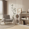 Modern Lounge Chair in Living Room with Window Curtains Green Plant Bookshelf and Round Rug