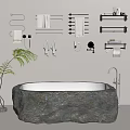 Natural Stone Bathtub with Faucet in Minimalist Bathroom Towel Racks Towels Mirror and Plant