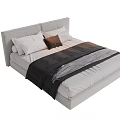 Modern Double Bed with Upholstered Headboard White Pillows Brown Cushion and Black Gray Blanket