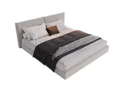 Modern Double Bed with Upholstered Headboard White Pillows Brown Cushion and Black Gray Blanket 3d model