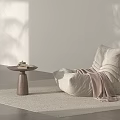 Minimalist Beige Sofa and Brown Wooden Coffee Table Set with Light Rug and Natural Light