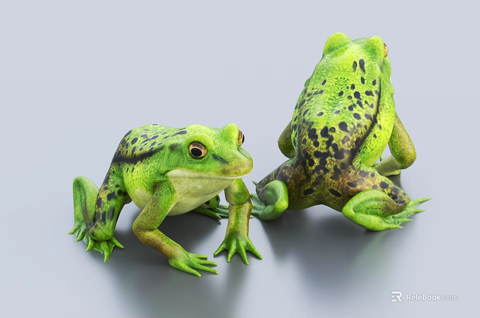 Two Green Reptile Models With Black Spots Front And Back Poses On Gray Background 3d model 