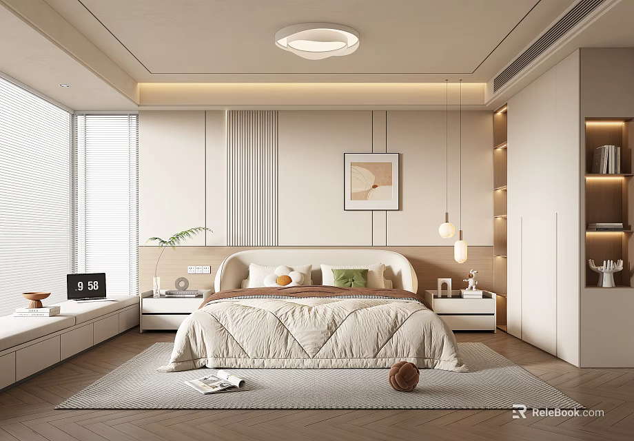 Modern Minimalist Bedroom Interior Design With Beige Walls Headboard Nightstands Table Lamps And Rug 3d model 