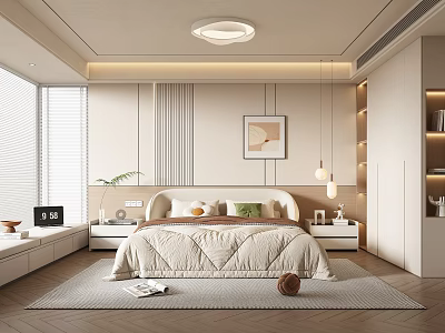 Modern Minimalist Bedroom Interior Design With Beige Walls Headboard Nightstands Table Lamps And Rug 3d model