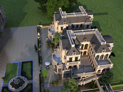 Classic European Detached Villa Exterior With Ornate Facade Terraced Balconies And Landscaped Garden 3d model