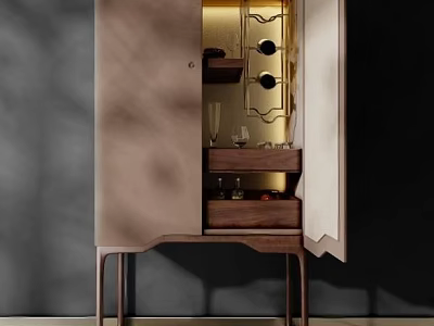 Modern Wine Cabinet Interior With Wooden Shelves Golden Lighting And Wine Bottles 3d model