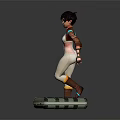 Female Character In White Bodysuit With Brown Red Coat Holding Blue Gun And Green Creature