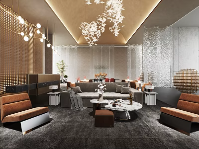 Modern Luxurious Hotel Lobby Interior With Elegant Chandelier Plush Sofas And Soft Carpet 3d model
