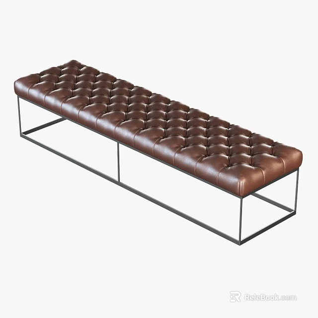 Modern Brown Tufted Leather Sofa Bench With Black Metal Frame 3d model 