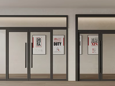 Modern Office Entrance Glass Doors With Team Duty Innovation Posters 3d model