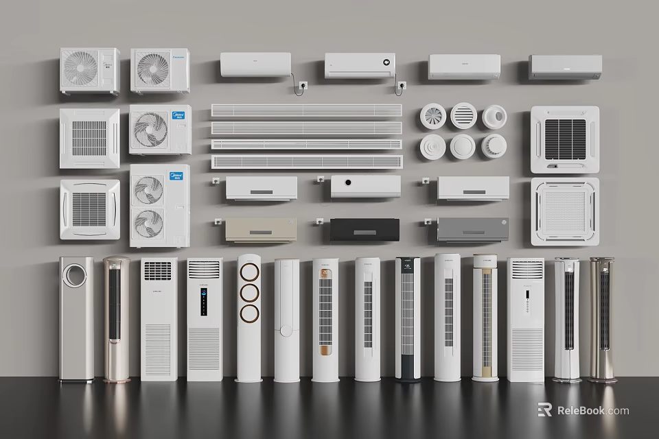 Different Types Of Air Conditioning Fans Including Wall Mounted And Floor Standing Designs 3d model 