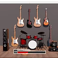 Electric and Acoustic Guitars with Red Drum Set and Speakers in Music Room