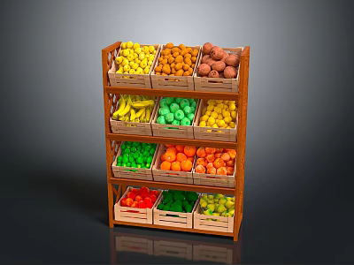 Fresh Fruits and Vegetables on Wooden Tiered Display Shelf with Colorful Assorted Produce 3d model