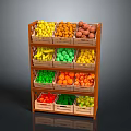 Fresh Fruits and Vegetables on Wooden Tiered Display Shelf with Colorful Assorted Produce