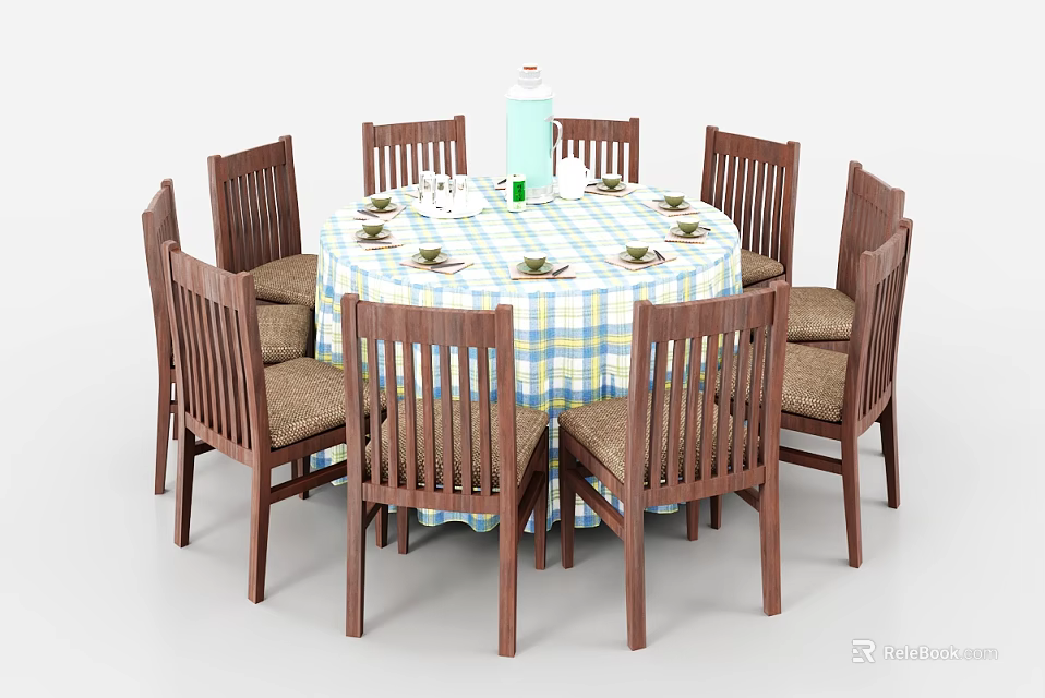 Round Dining Table Set With Eight Wooden Chairs Blue White Checkered Tablecloth And Tableware 3d model