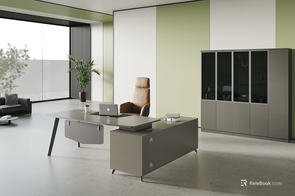 Modern Public Office Space Interior with Desk Office Chair Potted Plant and Window Cabinet 3d model 